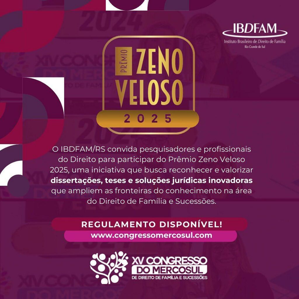Estão abertas as inscrições do Prêmio Zeno Veloso 2025, do IBDFAM-RS; saiba como participar